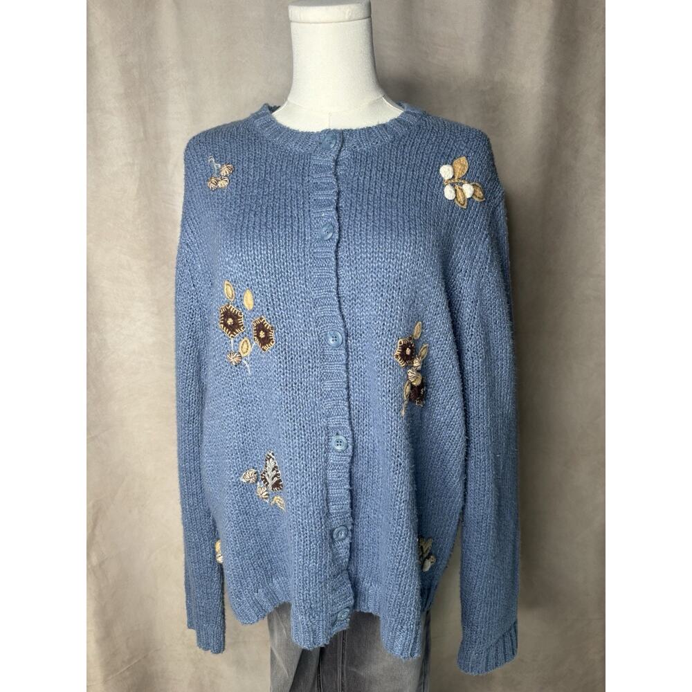 Vtg Cherokee Blue Floral Embroidered Cardigan Ramie Cotton L
